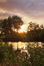 Photo of Picturesque view of countryside with river in morning