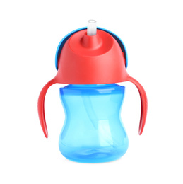 Colorful plastic baby bottle isolated on white
