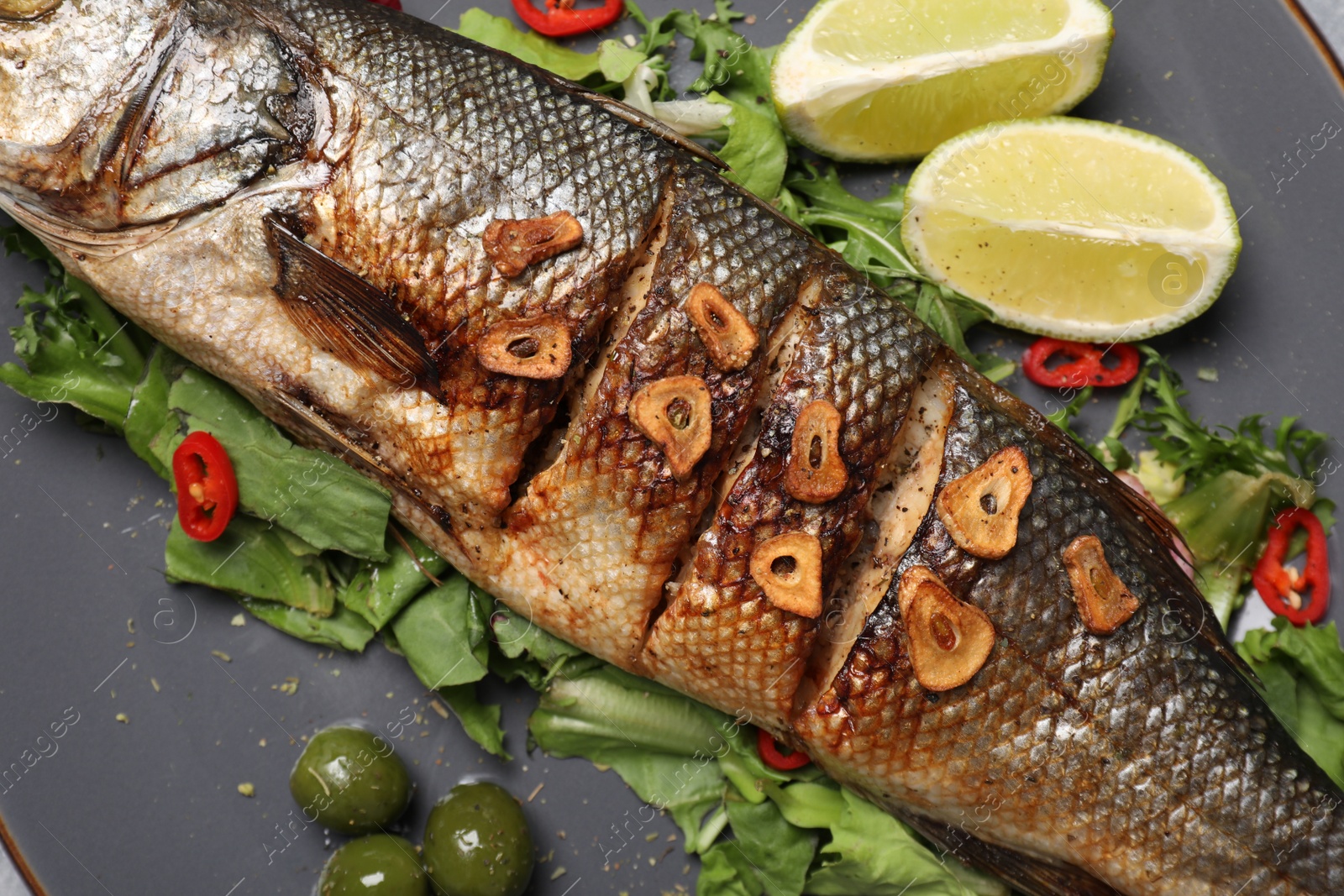 Photo of Delicious sea bass fish and ingredients on grey plate, closeup