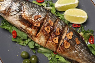 Photo of Delicious sea bass fish and ingredients on grey plate, closeup