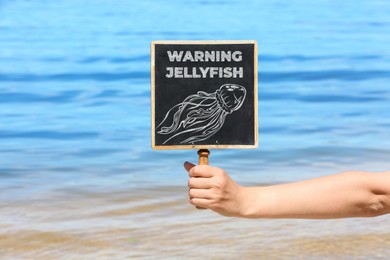 Image of Woman holding jellyfish warning sign on beach, closeup