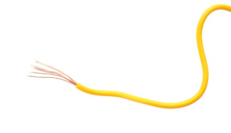 Stripped electrical wire with yellow insulation isolated on white