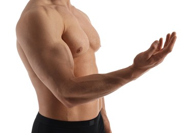 Man with muscular body on white background, closeup