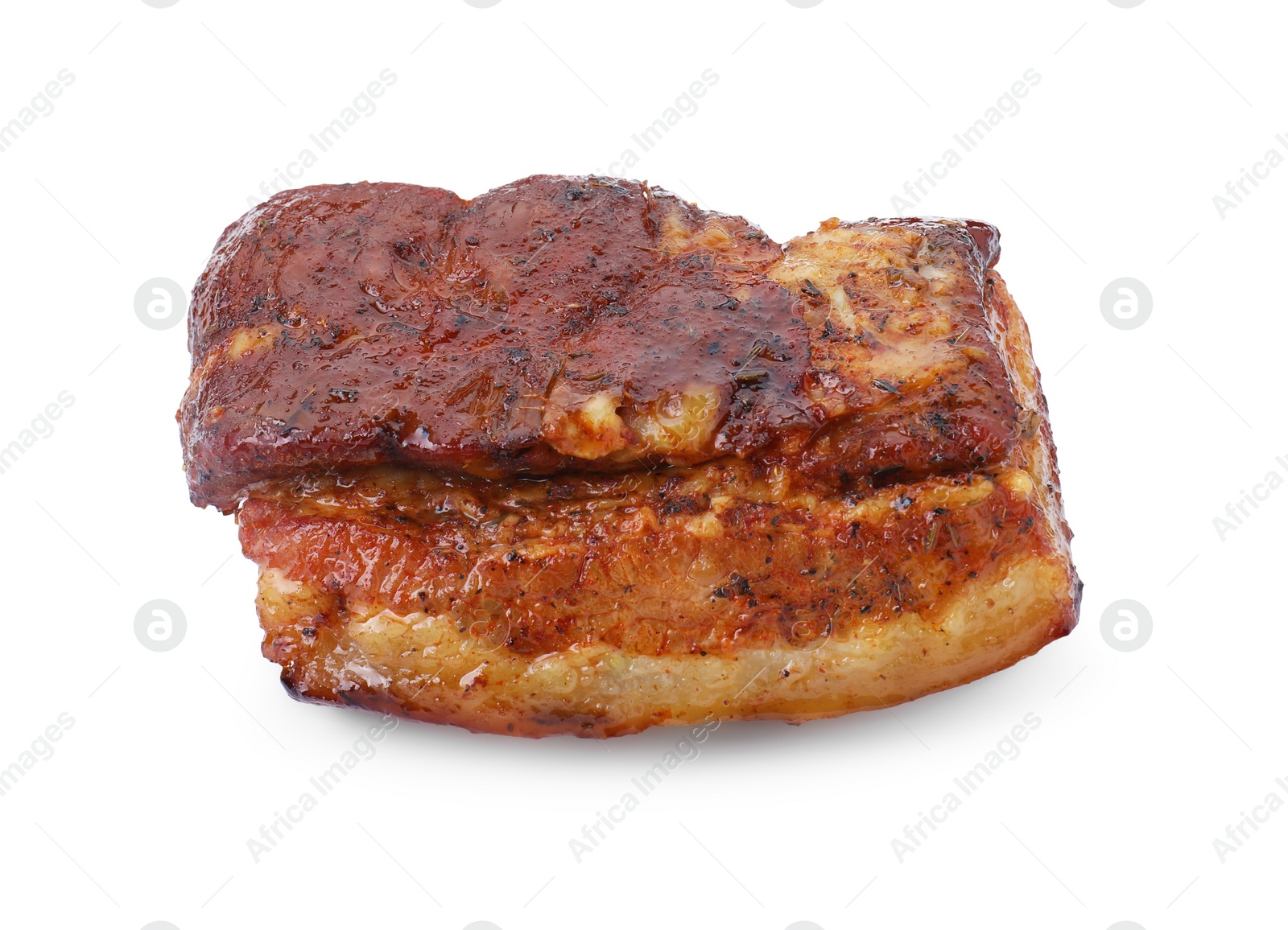 Photo of Piece of tasty baked pork belly isolated on white