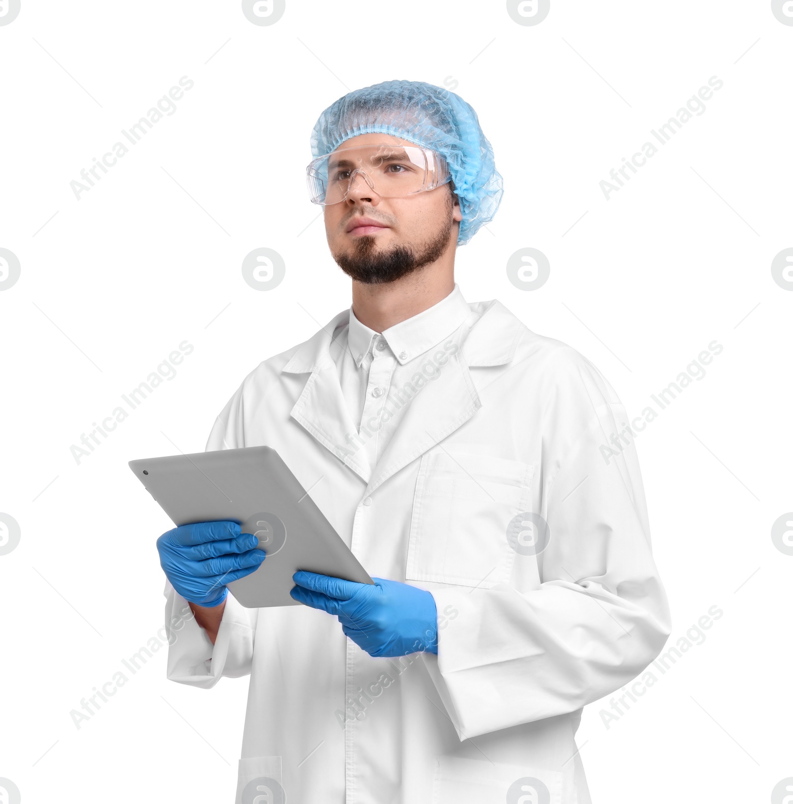 Photo of Quality control. Food inspector with tablet on white background