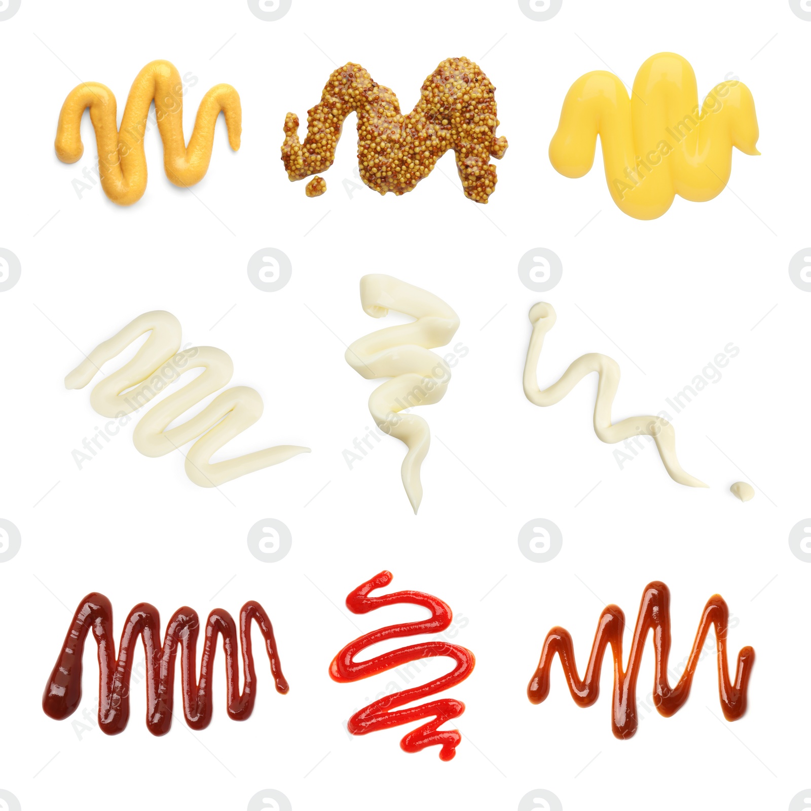 Image of Set of different sauces isolated on white, top view