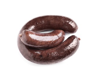 Photo of Tasty blood sausages on white background, top view