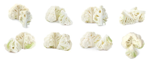 Collage of cut fresh raw cauliflowers on white background
