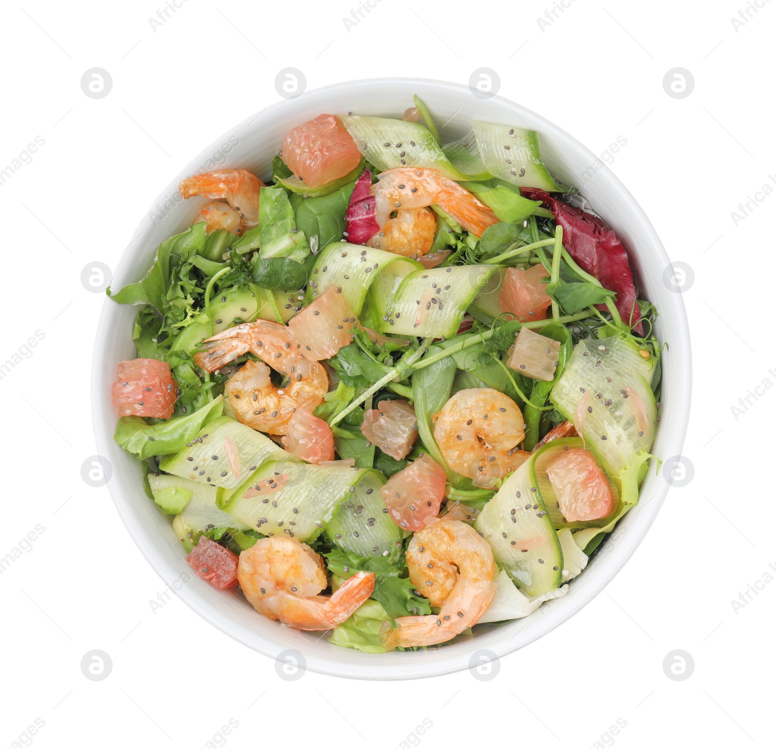 Photo of Delicious pomelo salad with shrimps in bowl on white  background, top view