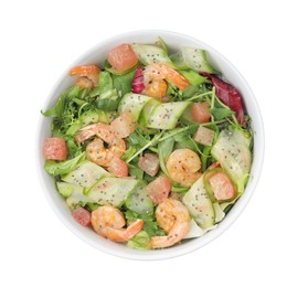 Delicious pomelo salad with shrimps in bowl on white  background, top view