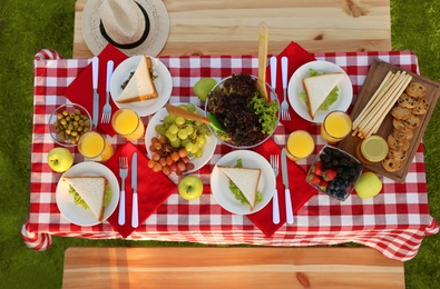 Picnic table with snacks and drink in park, top view