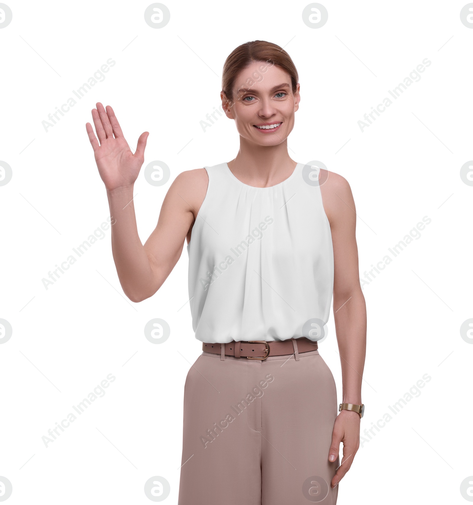 Photo of Beautiful happy businesswoman welcoming on white background