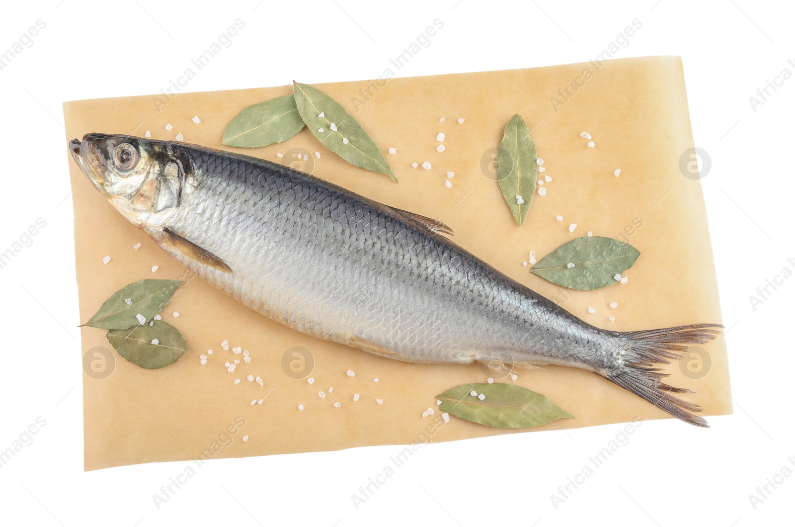 Photo of Parchment paper with salted herring and bay leaves isolated on white, top view