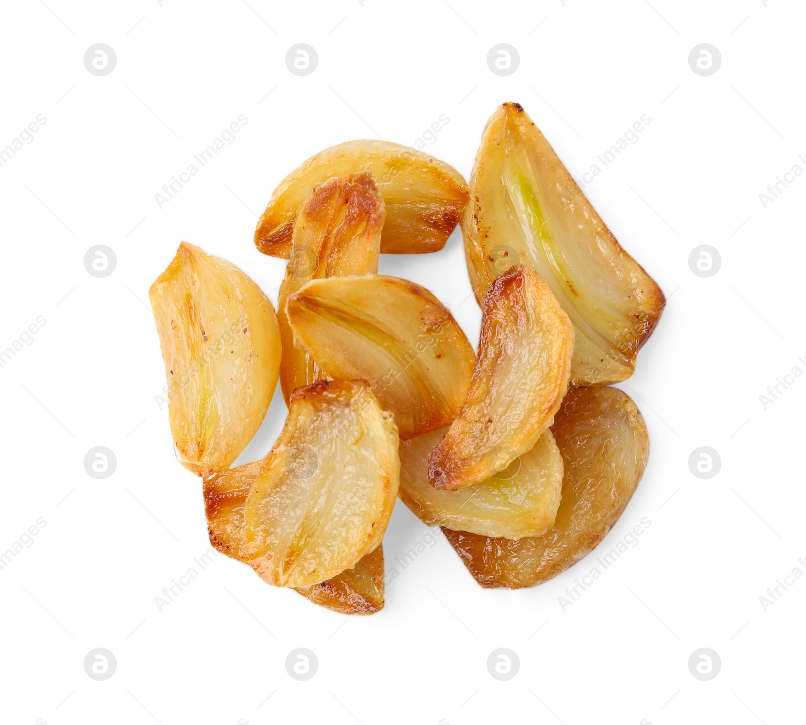 Photo of Fried garlic cloves isolated on white, top view
