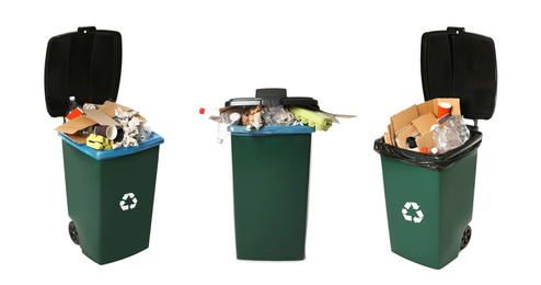 Image of Set of trash bins with garbage on white background. Waste management and recycling