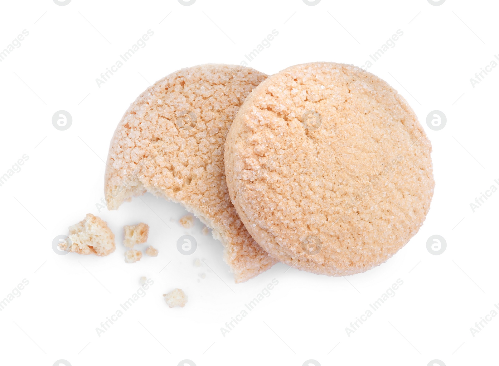 Photo of Two tasty sugar cookies isolated on white, top view