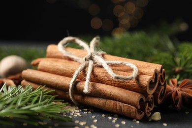 Photo of Different spices and fir branches on table, closeup