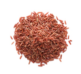 Pile of brown rice on white background, top view