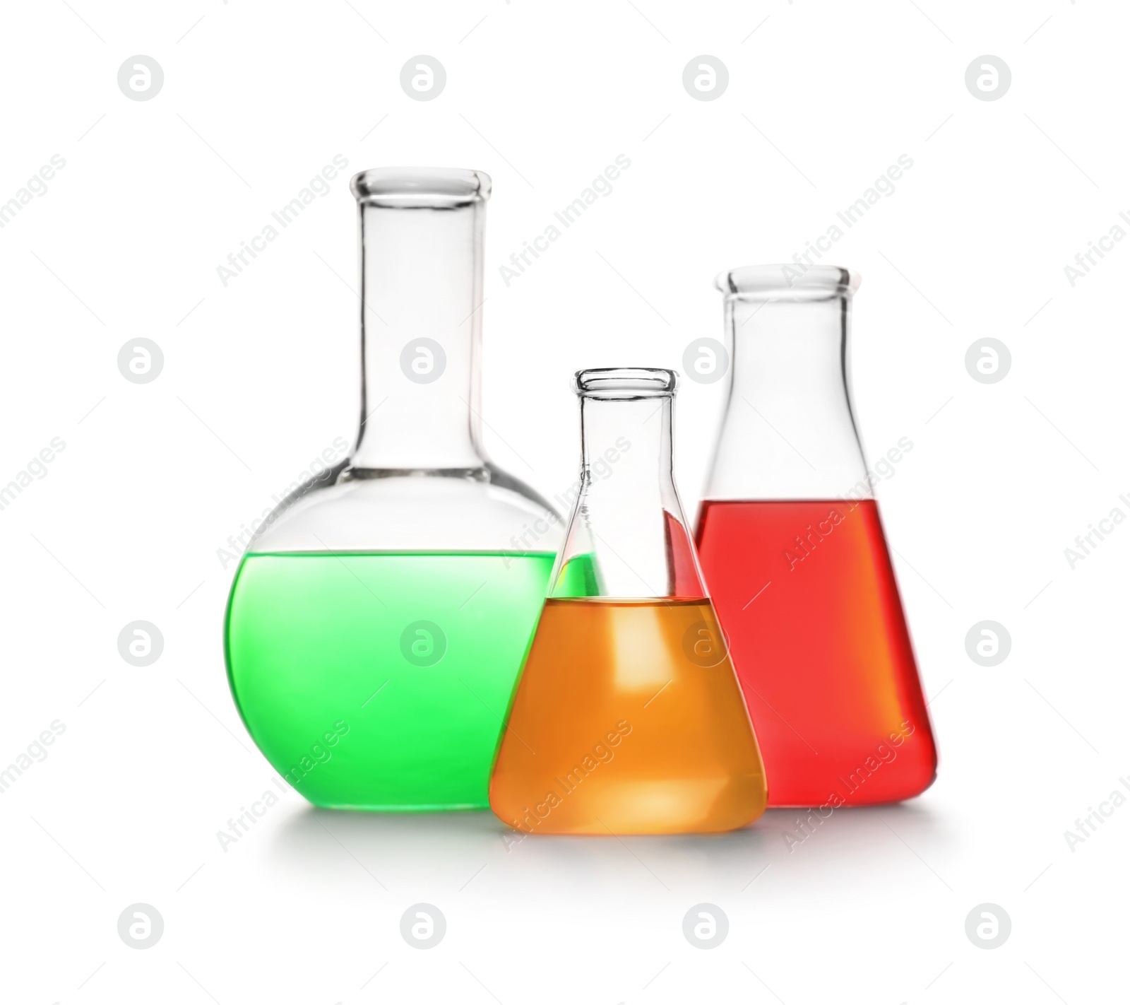 Photo of Laboratory glassware with different samples on white background. Solution chemistry