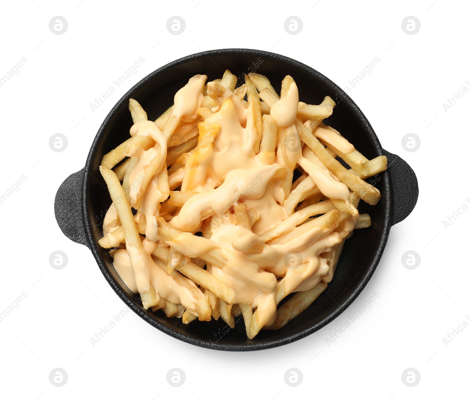 Photo of Delicious french fries with cheese sauce in bowl isolated on white, top view