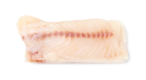Photo of Piece of raw cod fish isolated on white, top view