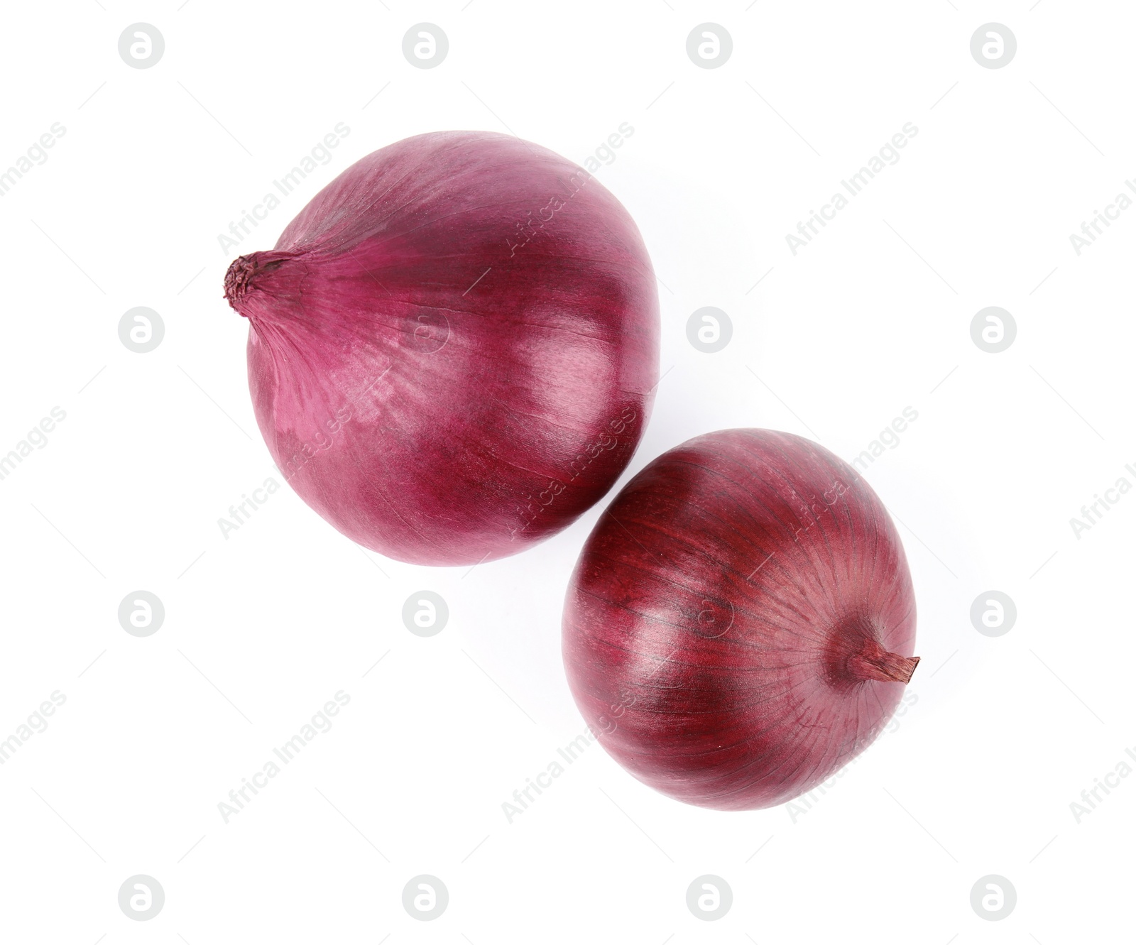 Photo of Fresh whole red onions on white background, top view