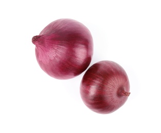 Photo of Fresh whole red onions on white background, top view