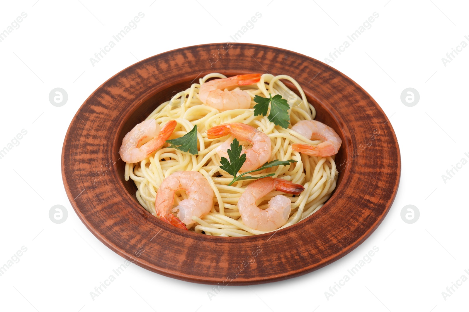 Photo of Tasty spaghetti with shrimps and parsley isolated on white