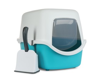 Photo of Cat litter box and scoop on white background