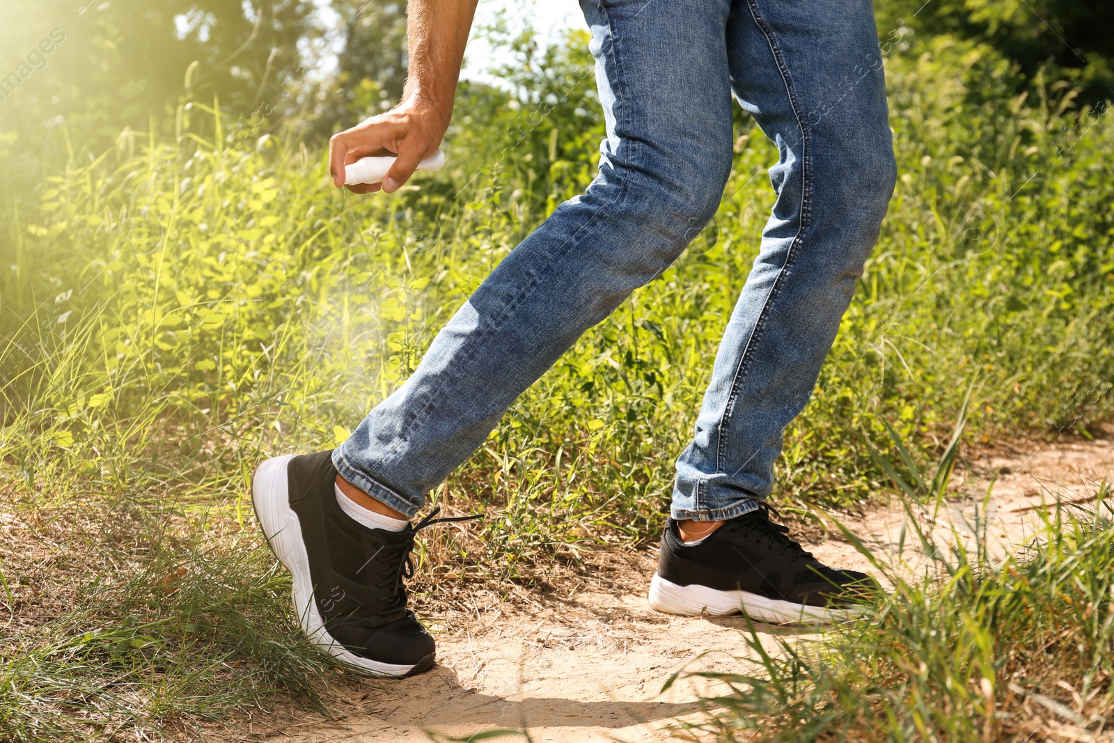 Photo of Man spraying tick repellent on leg during hike in nature, closeup