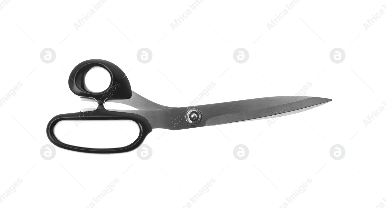 Photo of Pair of sharp sewing scissors on white background