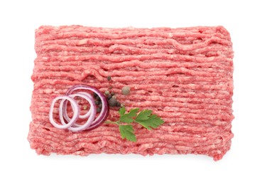 Raw ground meat, onion, peppercorns and parsley isolated on white, top view