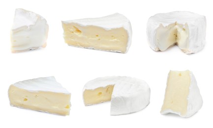 Image of Set with tasty brie cheese on white background 