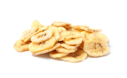 Photo of Heap of sweet banana slices on white background. Dried fruit as healthy snack