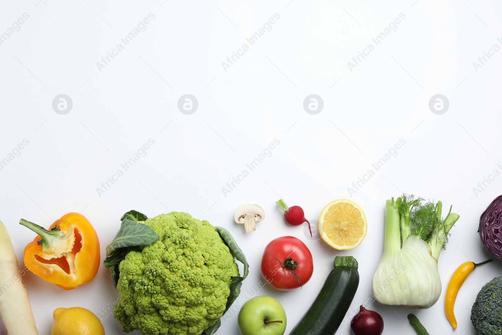 Photo of Flat lay composition with fresh ripe vegetables and fruits on white background