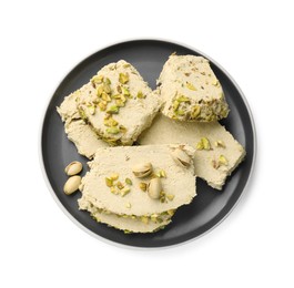 Photo of Pieces of tasty halva with pistachios on white background, top view