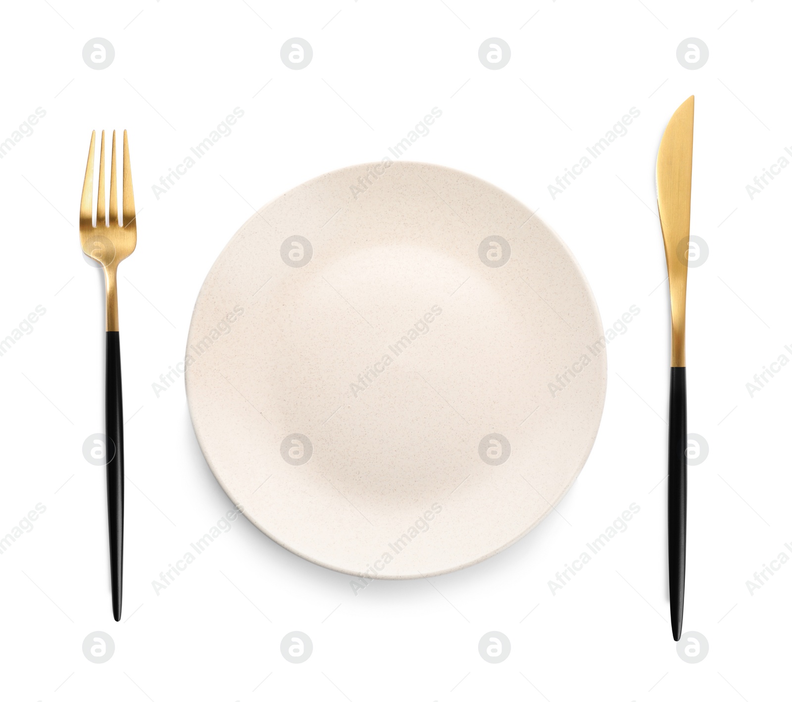 Image of Empty plate with golden fork and knife on white background, top view