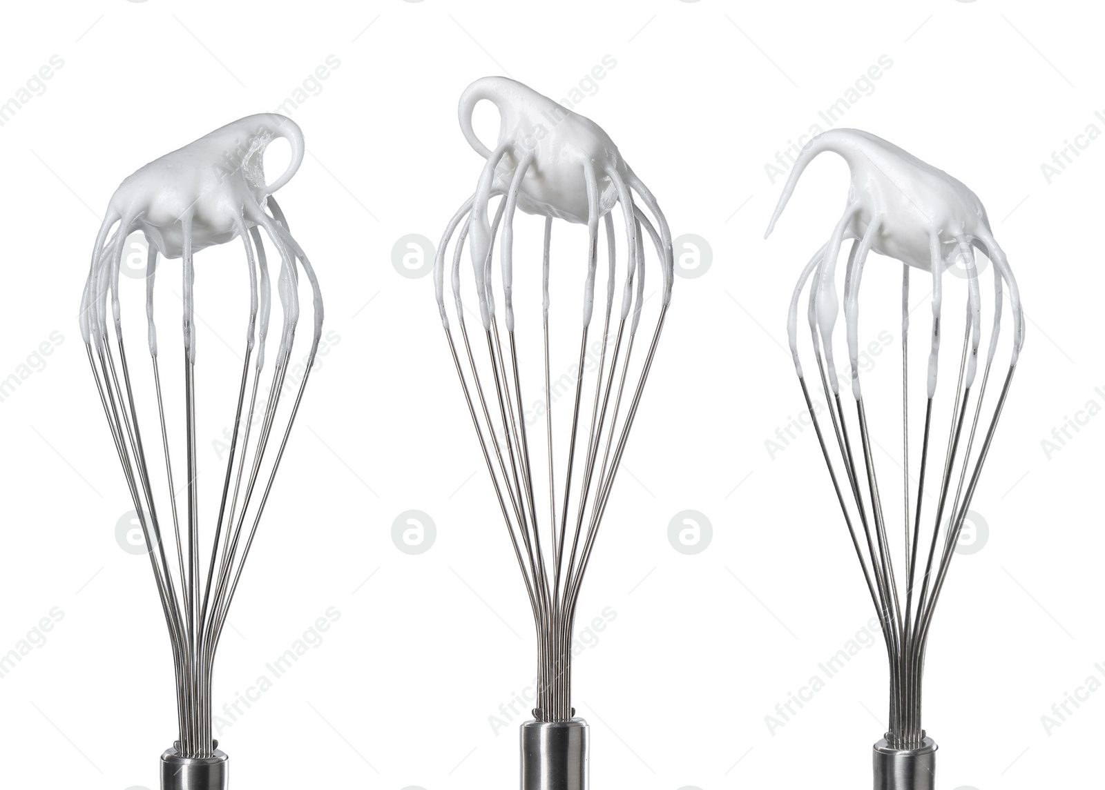 Image of Many different whisks with cream isolated on white, collection