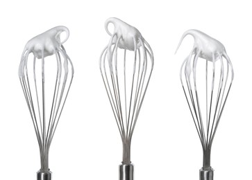 Many different whisks with cream isolated on white, collection