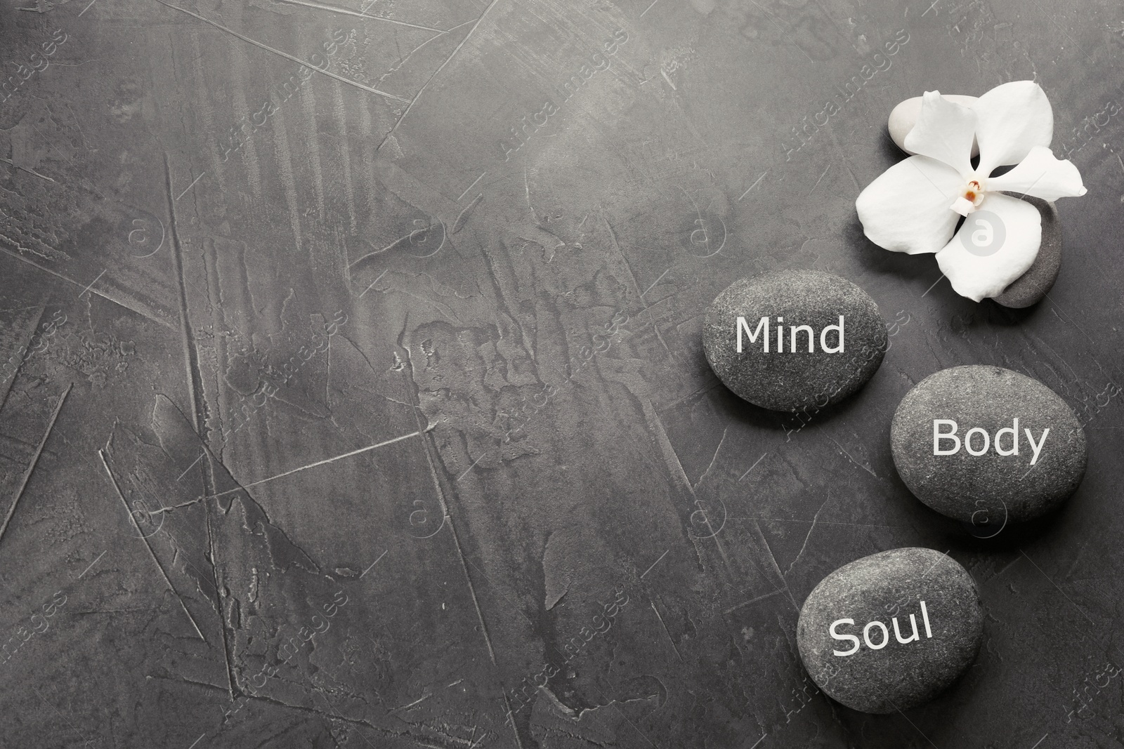 Photo of Stones with words MIND, BODY, SOUL on grey background, top view with space for text. Zen lifestyle