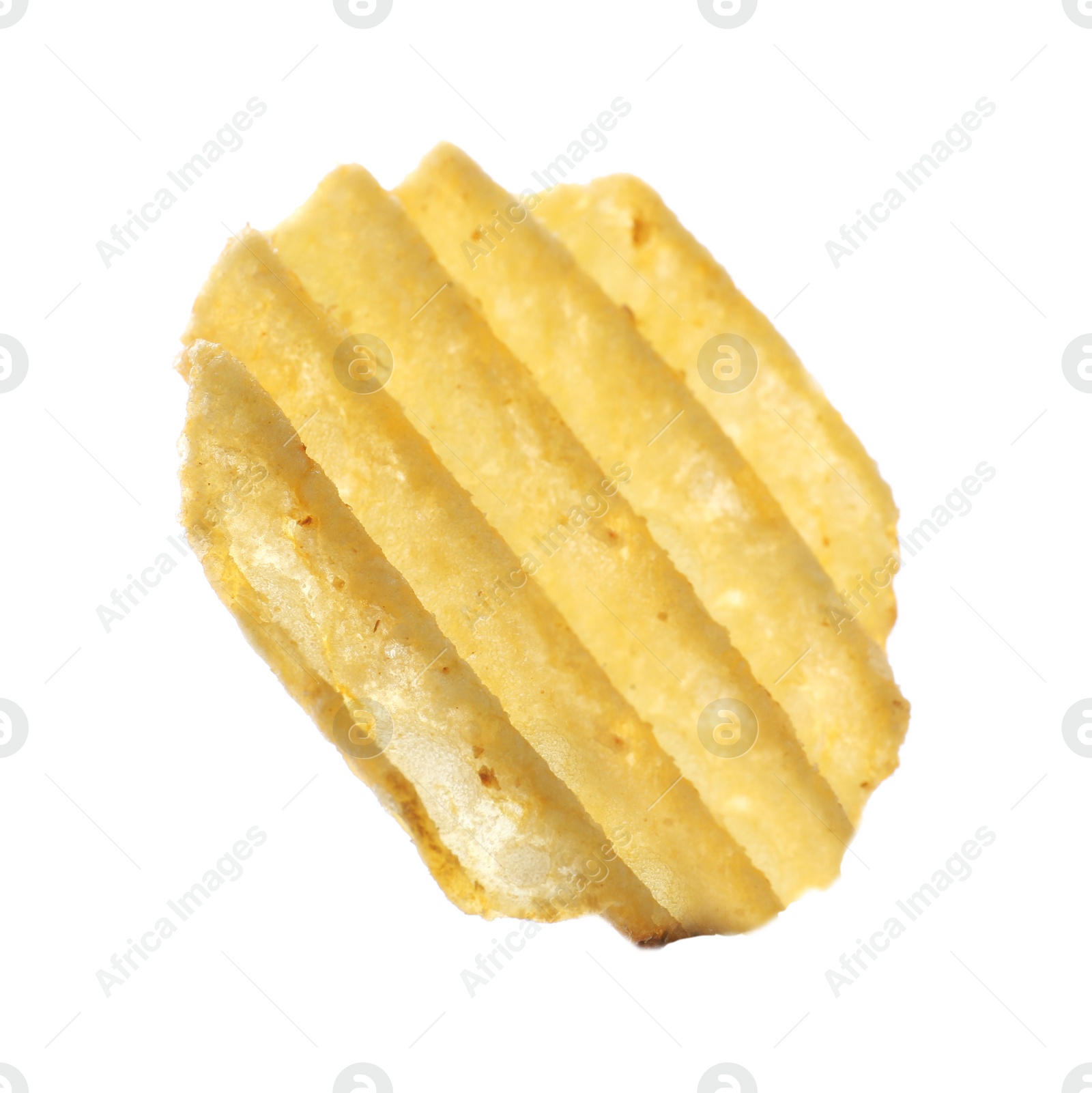 Photo of One tasty ridged potato chip isolated on white