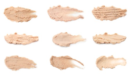 Image of Smears of tasty liverwurst on white background