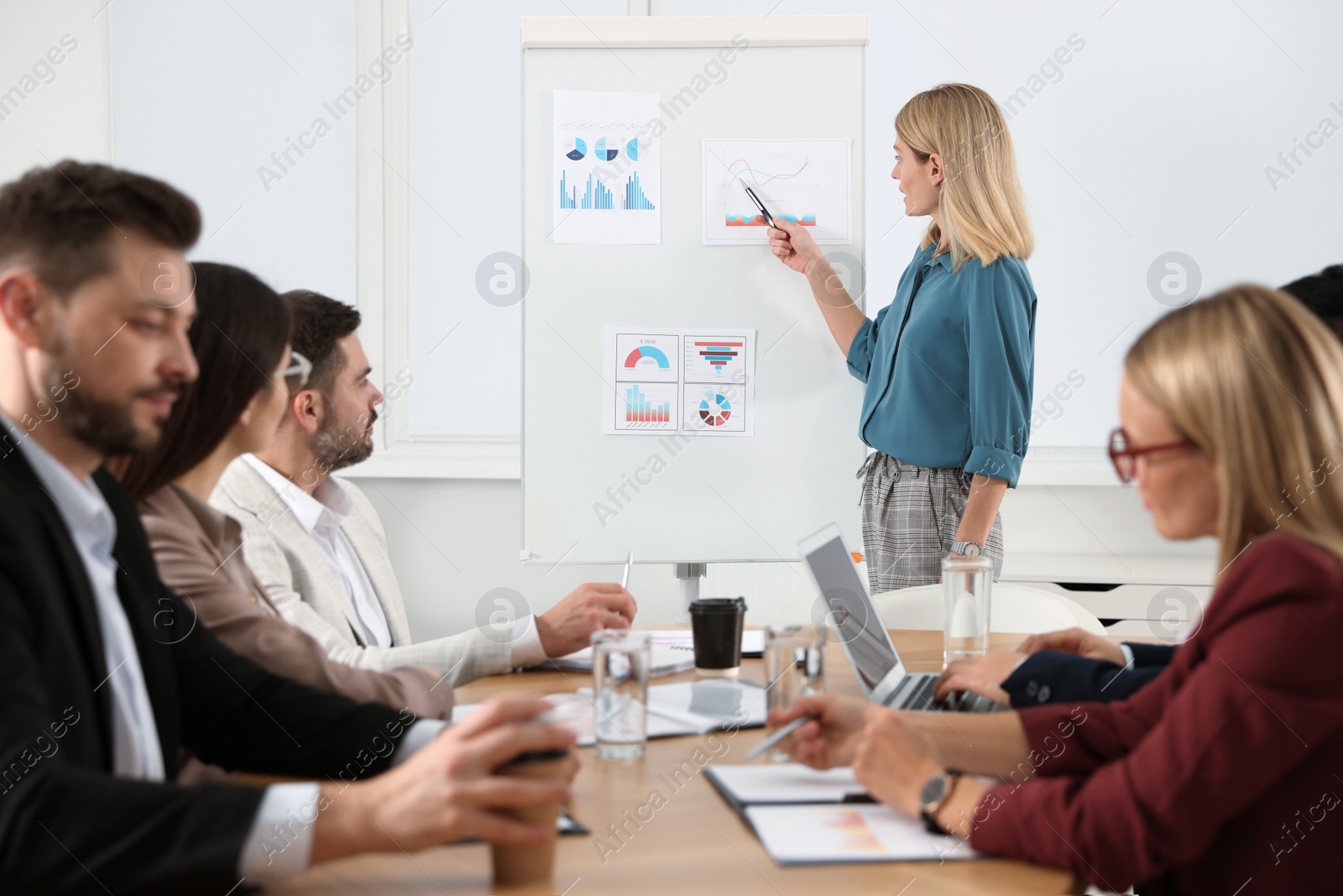 Photo of Businesswoman showing charts near flipchart on meeting in office