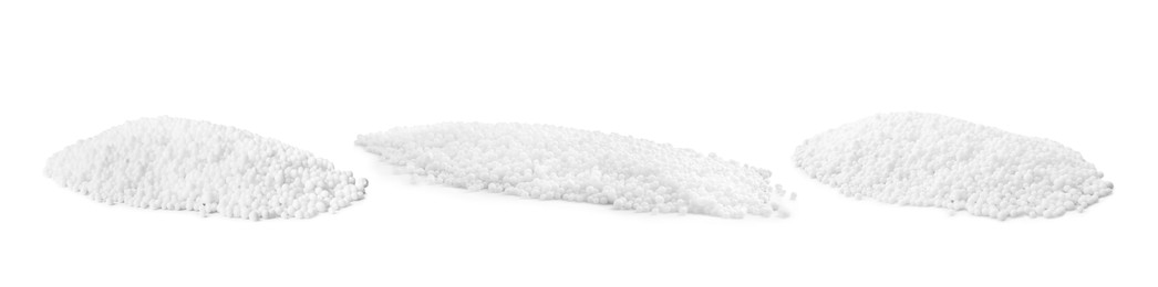 Image of Set with ammonium nitrate pellets on white background, banner design. Mineral fertilizer
