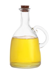 Photo of Glass jug of cooking oil isolated on white