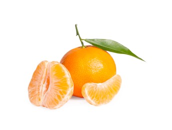 Fresh ripe juicy tangerines with green leaf isolated on white