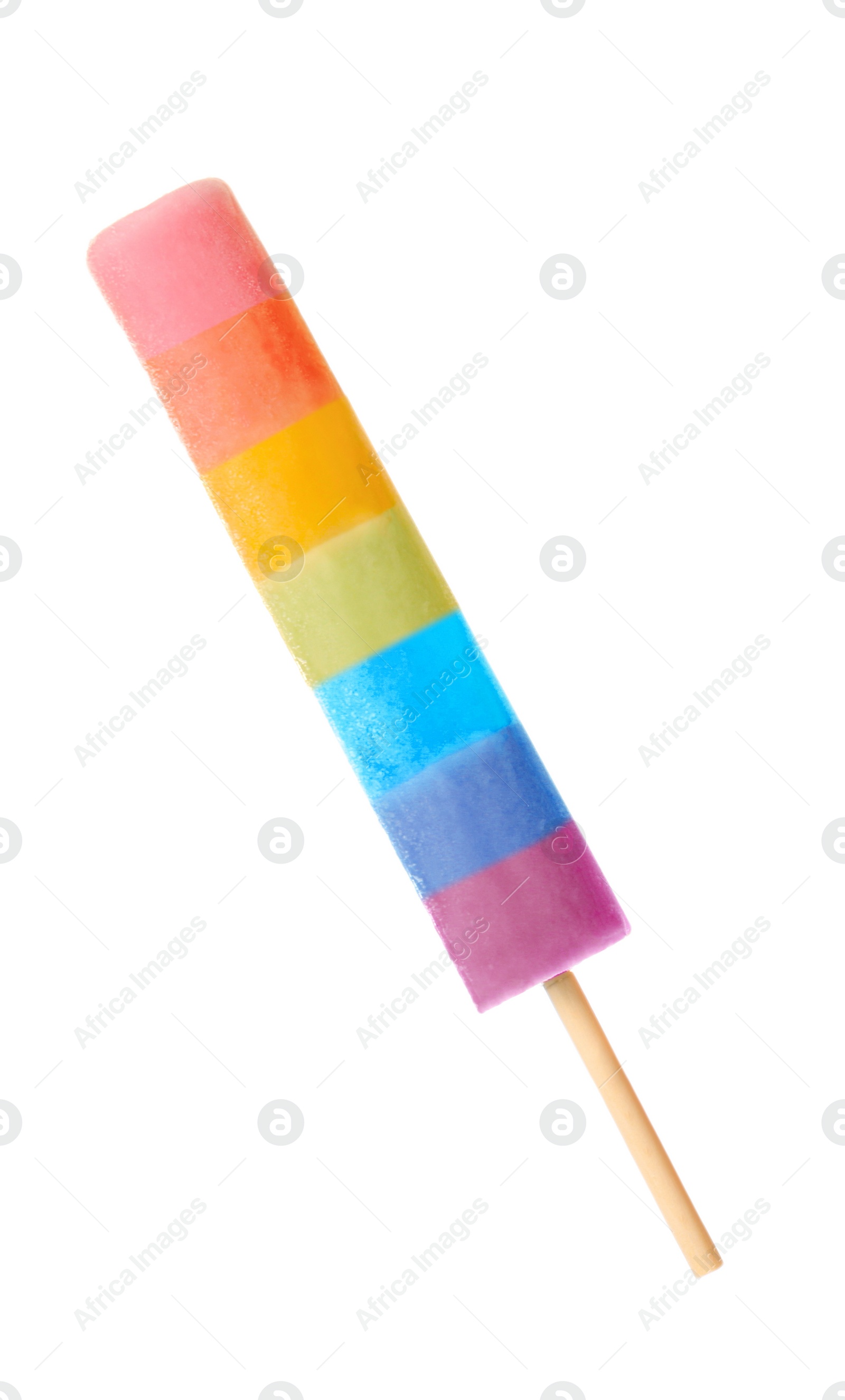 Image of Bright rainbow ice popsicle on white background