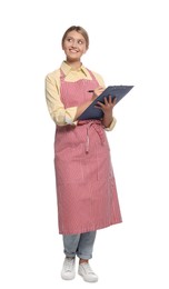 Photo of Beautiful young woman in clean striped apron with clipboard on white background