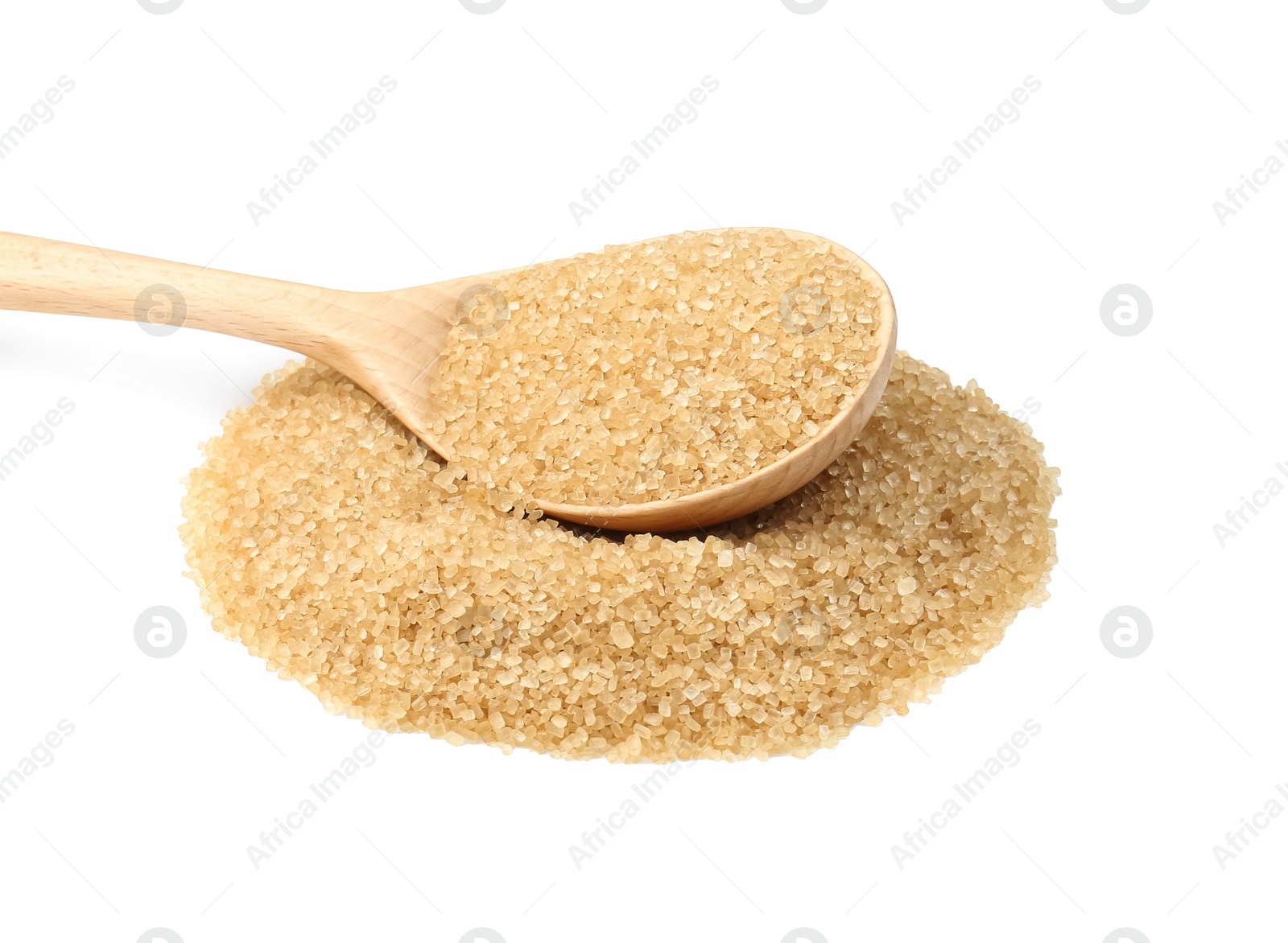 Photo of Pile of brown sugar and wooden spoon isolated on white