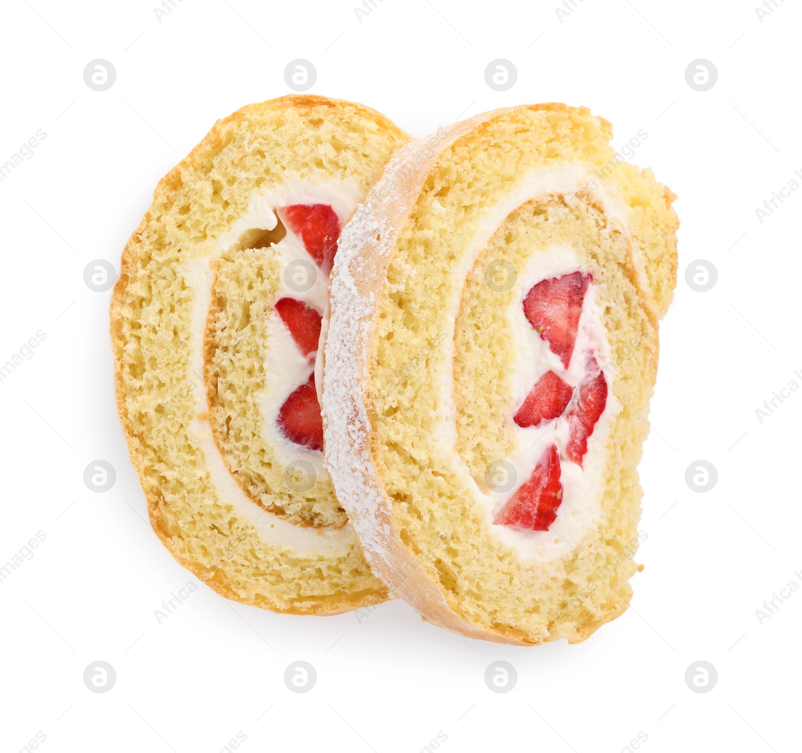 Photo of Slices of delicious sponge cake roll with strawberries and cream on white background, top view